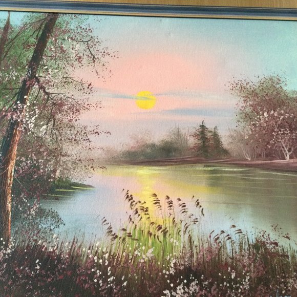 Original landscape painting on canvas lake side signed professionally framed - Picture 10 of 12